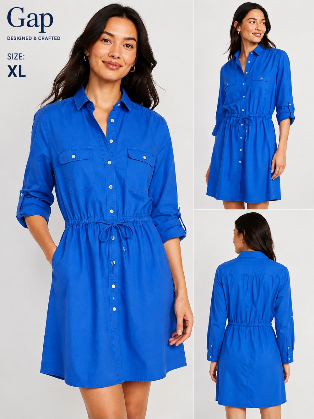 GAP Designed & Crafted Blue Utility Shirt Dress Drawstring Waist Women’s XL